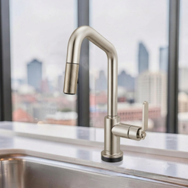 Click here to see Brizo 64964LF-SS Brizo Litze Smart Touch Pull-Down Prep Faucet With Angle Spout, Industrial Lever Handle, 1.8 GPM, Diamond Seal, MagneDock, Touch-Clean, Stainless - 64964LF-SS