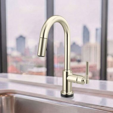 Click here to see Brizo 64943LF-PN Brizo Litze Smart Touch Pull-Down Prep Faucet With Arc Spout, Knurled Lever Handle, 1.8 GPM, Diamond Seal, MagneDock, Touch-Clean, Brilliance Polished Nickel - 64943LF-PN