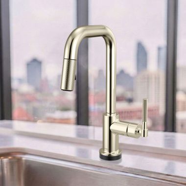 Click here to see Brizo 64953LF-PN Brizo Litze Smart Touch Pull-Down Prep Faucet With Square Spout, Knurled Lever Handle, 1.8 GPM, Diamond Seal, MagneDock, Touch-Clean, Brilliance Polished Nickel - 64953LF-PN