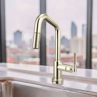 Click here to see Brizo 64963LF-PN Brizo Litze Smart Touch Pull-Down Prep Faucet With Angle Spout, Knurled Lever Handle, 1.8 GPM, Diamond Seal, MagneDock, Touch-Clean, Brilliance Polished Nickel - 64963LF-PN