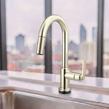 Click here to see Brizo 64944LF-PN Brizo Litze Smart Touch Pull-Down Prep Faucet With Arc Spout, Industrial Lever Handle, 1.8 GPM, Diamond Seal, MagneDock, Touch-Clean, Brilliace Polished Nickel - 64944LF-PN