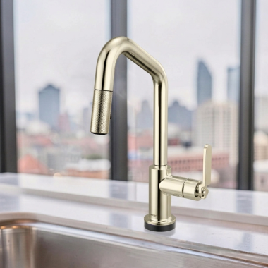 Click here to see Brizo 64964LF-PN Brizo Litze Smart Touch Pull-Down Prep Faucet With Angle Spout, Industrial Lever Handle, 1.8 GPM, Diamond Seal, MagneDock, Touch-Clean, Brilliance Polished Nickel - 64964LF-PN