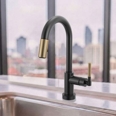Click here to see Brizo 64943LF-BLGL Brizo Litze Smart Touch Pull-Down Prep Faucet With Arc Spout, Knurled Lever Handle, 1.8 GPM, Diamond Seal, MagneDock, Touch-Clean, Matte Black/Brilliance Luxe Gold - 64943LF-BLGL