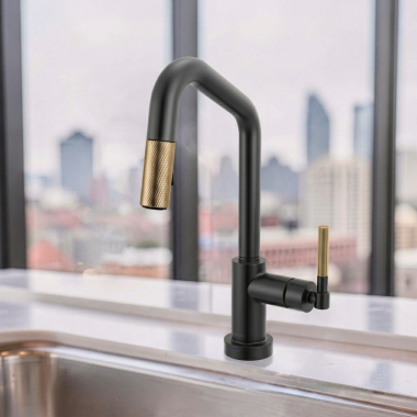 Click here to see Brizo 64963LF-BLGL Brizo Litze Smart Touch Pull-Down Prep Faucet With Angle Spout, Knurled Lever Handle, 1.8 GPM, Diamond Seal, MagneDock, Touch-Clean, Matte Black/Brilliance Luxe Gold - 64963LF-BLGL