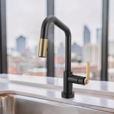 Click here to see Brizo 64964LF-BLGL Brizo Litze Smart Touch Pull-Down Prep Faucet With Angle Spout, Industrial Lever Handle, 1.8 GPM, Diamond Seal, MagneDock, Touch-Clean, Matte Black/Brilliance Luxe Gold - 64964LF-BLGL