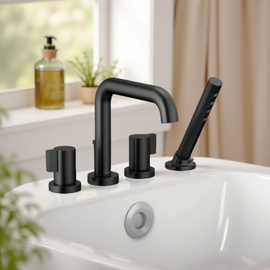Click here to see Brizo T67435-BLLHP Brizo Litze Two-Handle Deck-Mount Roman Tub Faucet Trim with H2Okinetic Handshower, 1.75 GPM, 4-Hole, Matte Black - T67435-BLLHP