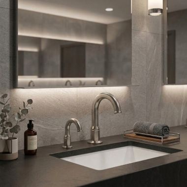 Click here to see Delta 831DPA20-SSSD Delta Rustica Electronic Bathroom Faucet With Soap Dispenser, Laminar, Aerated or Mikado Spray, Proximity Sensor, Battery Operated, WaterSense, ADA, 1 GPM, Stainless - 831DPA20-SSSD