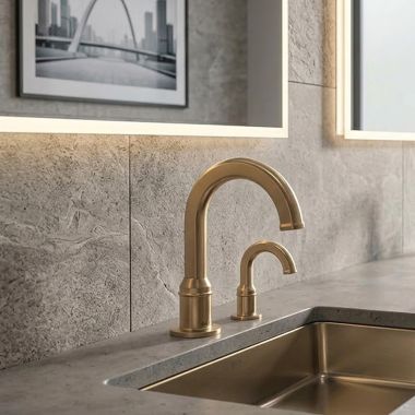 Click here to see Delta 831DPA90-CZSD Delta Rustica Electronic Bathroom Faucet With Soap Dispenser, Laminar, Aerated or Mikado Spray, Proximity Sensor, Battery Operated, WaterSense, ADA, 0.35 GPM, Champagne Bronze - 831DPA90-CZSD