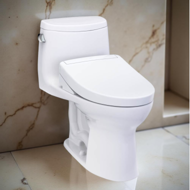 Click here to see Toto MW6043446CEFG#01 TOTO Ultramax II One-Piece Elongated Toilet w/ S5 WASHLET+ Bidet Seat, 1.28 GPF Cotton White - MW6043446CEFG#01