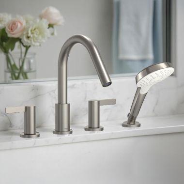 Click here to see Toto TBG11202UA#BN TOTO GF Four-Hole Roman Tub Filler Trim With Handshower, Two Lever Handles, Deck-Mount, Brushed Nickel - TBG11202UA#BN