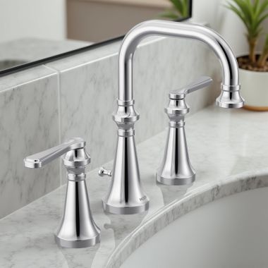 Click here to see   Moen Colinet Two-Handle Widespread Lavatory Faucet with Valve and Pop-Up Drain, Lever Handle, 1.2 GPM, Duralock, Chrome - TVS44102