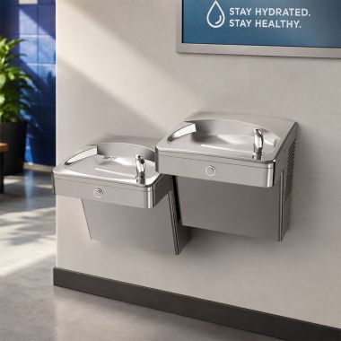 Click here to see Oasis 504530 Oasis VersaCooler II 14 Gauge Vandal Resistant Bi-Level Drinking Fountain, Non-Refrigerated, Brushed Stainless Steel - PGVACSL-14G (504530)
