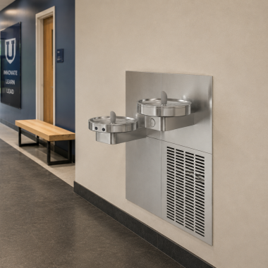 Click here to see Oasis 504604 Oasis Radii Bi-Level Modular Drinking Fountain with Electric Eye, Refrigerated, 8 GPH, Stainless Steel - M8CREM (504604)