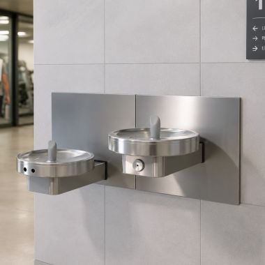 Click here to see Oasis 504612 Oasis Radii Bi-Level Modular Drinking Fountain, Mechanical and Electronic, Non-Refrigerated, Stainless Steel - MMRSLEM (504612)