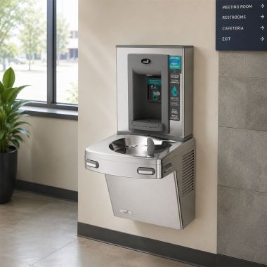 Click here to see Oasis 506454 Oasis VersaCooler II Drinking Fountain w/ Electronic Bottle Filler, Non-Refrigerated, 8 GPH, Stainless Steel - PG8EBF (506454)