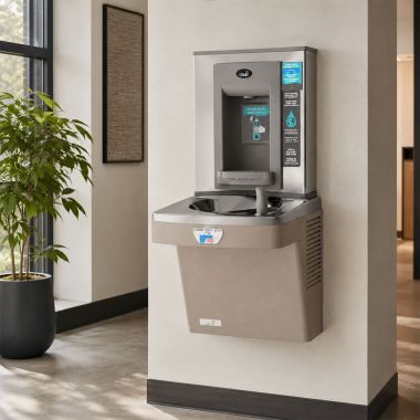 Click here to see Oasis 506461 Oasis VersaCooler II Single Contactless Drinking Fountain w/ Electronic Bottle Filler, Non-Refrigerated, 8 GPH, Sandstone - PG8EBFT (506461)