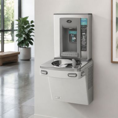 Click here to see Oasis 506584 Oasis VersaCooler II Single Drinking Fountain w/ QUASAR Electronic Bottle Filler, Dual Filtration, Non-Refrigerated, Greystone - PGF2EBQ (506584)