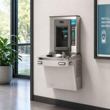 Click here to see Oasis 506677 Oasis VersaCooler II Single Drinking Fountain w/ Electronic Bottle Filler, Non-Refrigerated, Greystone - PGEBF (506677)