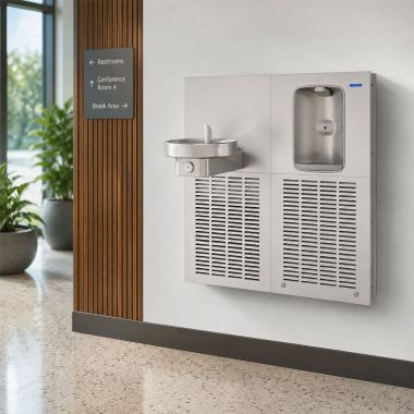 Click here to see Oasis 507018 Oasis Radii Modular Drinking Fountain with Aqua Pointe Electronic Bottle Filler, Non-Refrigerated, Stainless Steel - MEBF (507018)