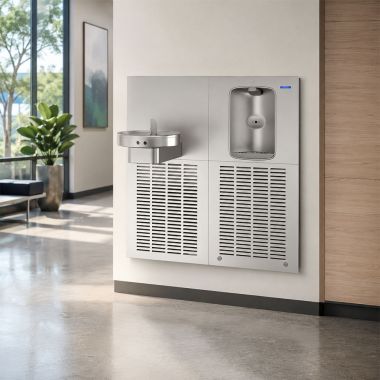 Click here to see Oasis 507019 Oasis Radii Modular Drinking Fountain with Aqua Pointe Electronic Bottle Filler, Electronic Eye, Non Refrigerated, Stainless Steel - MEBFEE (507019)
