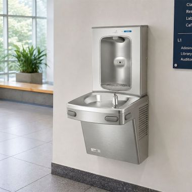 Click here to see Oasis 507029 Oasis VersaCooler II Single Drinking Fountain w/ Electronic Bottle Filler, Vandal Resistant Bubbler, Refrigerated, 8 GPH, Stainless Steel - PG8EBF-BRB (507029)