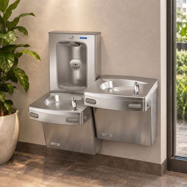 Click here to see Oasis 507039 Oasis VersaCooler II Bi-Level Drinking Fountain w/ Electronic Bottle Filler, Vandal Resistant Bubbler, Refrigerated, 8 GPH, Stainless Steel - PG8EBFSL BRB (507039)