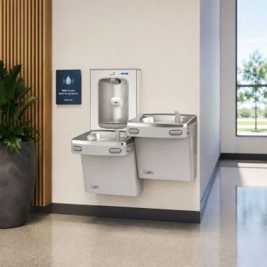 Click here to see Oasis 507040 Oasis VersaCooler II Bi-Level Drinking Fountain w/ Electronic Bottle Filler, Non-Refrigerated, Greystone - PGEBFSL (507040)