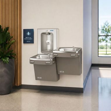 Click here to see Oasis 507041 Oasis VersaCooler II Bi-Level Drinking Fountain w/ Electronic Bottle Filler, Non-Refrigerated, Sandstone - PGEBFSL (507041)