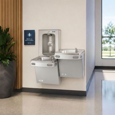 Click here to see Oasis 507042 Oasis VersaCooler II Bi-Level Drinking Fountain w/ Electronic Bottle Filler, Non-Refrigerated, Stainless Steel - PGEBFSL (507042)