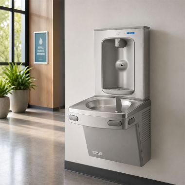 Click here to see Oasis 507051 Oasis VersaCooler II Single Drinking Fountain w/ QUASAR Electronic Bottle Filler, Non-Refrigerated, Greystone - PGEBQ (507051)
