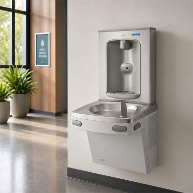 Click here to see Oasis 507053 Oasis VersaCooler II Single Drinking Fountain w/ QUASAR Electronic Bottle Filler, Non-Refrigerated, Stainless Steel - PGEBQ (507053)