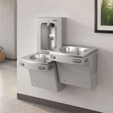 Click here to see Oasis 507057 Oasis VersaCooler II Bi-Level Drinking Fountain w/ Quasar Electronic Bottle Filler, Non-Refrigerated, Greystone - PGEBQSL (507057)