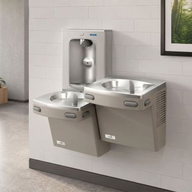Click here to see Oasis 507058 Oasis VersaCooler II Bi-Level Drinking Fountain w/ Quasar Electronic Bottle Filler, Non-Refrigerated, Sandstone - PGEBQSL (507058)