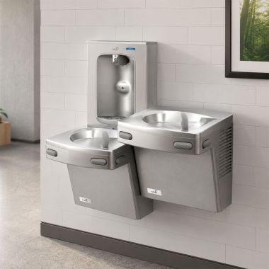 Click here to see Oasis 507059 Oasis VersaCooler II Bi-Level Drinking Fountain w/ Quasar Electronic Bottle Filler, Non-Refrigerated, Stainless Steel - PGEBQSL (507059)