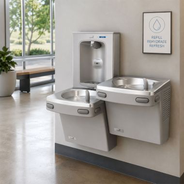 Click here to see Oasis 507060 Oasis VersaCooler II Bi-Level Drinking Fountain w/ Quasar Electronic Bottle Filler, Refrigerated, 8 GPH, Greystone - PG8EBQSL (507060)