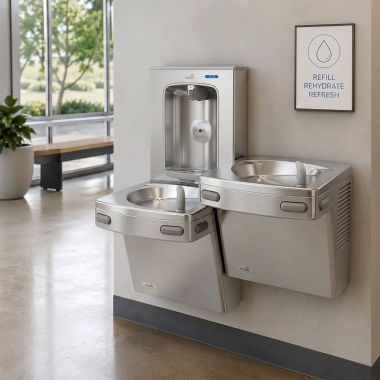 Click here to see Oasis 507062 Oasis VersaCooler II Bi-Level Drinking Fountain w/ Quasar Electronic Bottle Filler, Refrigerated, 8 GPH, Stainless Steel - PG8EBQSL (507062)