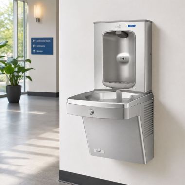 Click here to see Oasis 507064 Oasis VersaCooler II Single Drinking Fountain w/ Electronic Bottle Filler, Vandal-Resistant, Non-Refrigerated, Stainless Steel - PGVEBF (507064)