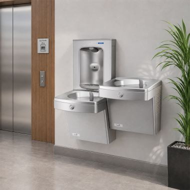 Click here to see Oasis 507067 Oasis VersaCooler II Bi-Level Drinking Fountain w/ Electronic Bottle Filler, Vandal-Resistant, Non-Refrigerated, Stainless Steel - PGVEBFSL (507067)