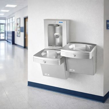 Click here to see Oasis 507068 Oasis VersaCooler II Bi-Level Drinking Fountain w/ Electronic Bottle Filler, Vandal-Resistant, Refrigerated, 8 GPH, Stainless Steel - PGV8EBFSL (507068)
