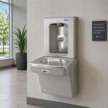 Click here to see Oasis 507071 Oasis VersaCooler II Single Contactless Drinking Fountain w/ Electronic Bottle Filler, Refrigerated, 8 GPH, Greystone - PG8EBFT (507071)