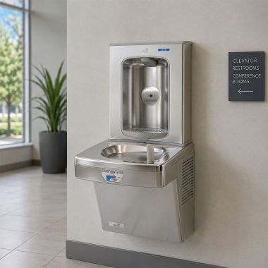 Click here to see Oasis 507073 Oasis VersaCooler II Single Contactless Drinking Fountain w/ Electronic Bottle Filler, Refrigerated, 8 GPH, Stainless Steel - PG8EBFT (507073)