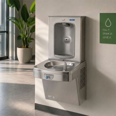 Click here to see Oasis 507076 Oasis VersaCooler II Single Contactless Drinking Fountain w/ Electronic Bottle Filler, Non-Refrigerated, Stainless Steel - PGEBFT (507076)