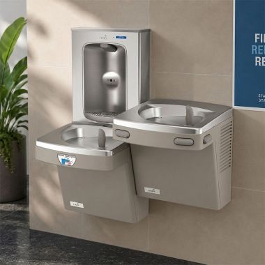 Click here to see Oasis 507084 Oasis VersaCooler II Bi-Level Contactless and Mechanical Drinking Fountain w/ Electronic Bottle Filler, Refrigerated, 8 GPH, Sandstone - PG8EBFSLTM (507084)
