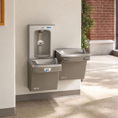 Click here to see Oasis 507087 Oasis VersaCooler II Bi-Level Contactless and Mechanical Drinking Fountain w/ Electronic Bottle Filler, Non-Refrigerated, Sandstone - PGEBFSLTM (507087)