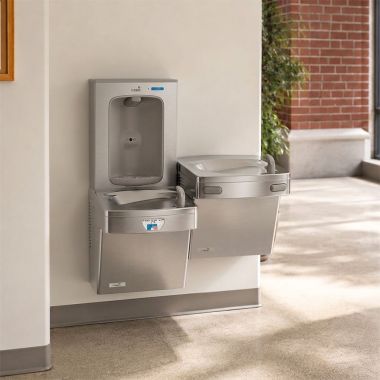 Click here to see Oasis 507088 Oasis VersaCooler II Bi-Level Contactless and Mechanical Drinking Fountain w/ Electronic Bottle Filler, Non-Refrigerated, Stainless Steel - PGEBFSLTM (507088)