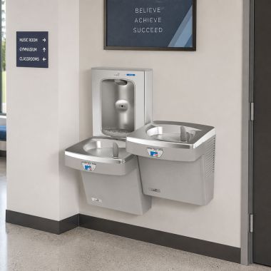 Click here to see Oasis 507095 Oasis VersaCooler II Bi-Level Contactless Drinking Fountain w/ Electronic Bottle Filler, Refrigerated, 8 GPH, Greystone - PG8EBFSLTT (507095)