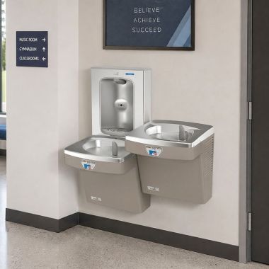 Click here to see Oasis 507096 Oasis VersaCooler II Bi-Level Contactless Drinking Fountain w/ Electronic Bottle Filler, Refrigerated, 8 GPH, Sandstone - PG8EBFSLTT (507096)