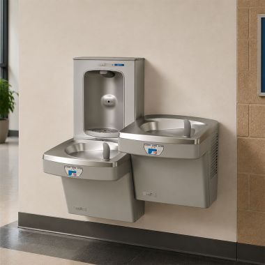 Click here to see Oasis 507098 Oasis VersaCooler II Bi-Level Contactless Drinking Fountain w/ Electronic Bottle Filler, Non-Refrigerated, Greystone - PGEBFSLTT (507098)