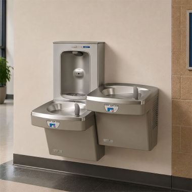 Click here to see Oasis 507099 Oasis VersaCooler II Bi-Level Contactless Drinking Fountain w/ Electronic Bottle Filler, Non-Refrigerated, Sandstone - PGEBFSLTT (507099)
