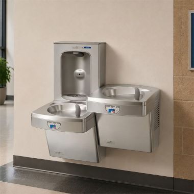 Click here to see Oasis 507100 Oasis VersaCooler II Bi-Level Contactless Drinking Fountain w/ Electronic Bottle Filler, Non-Refrigerated, Stainless Steel - PGEBFSLTT (507100)